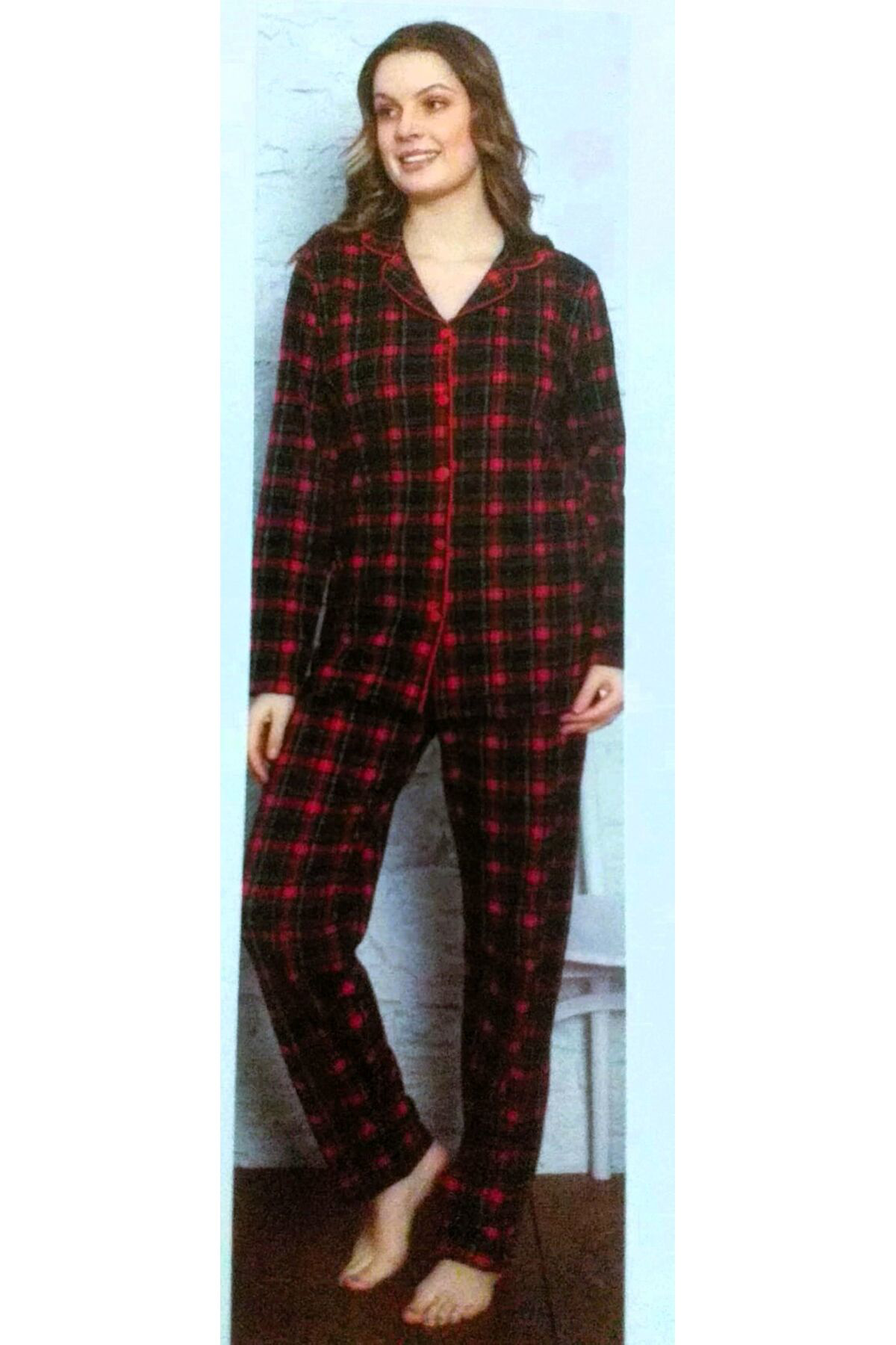 Miss Melina Önden Düğmeli Uzun Kol Pijama Takımı Kırmızı Ekoselii