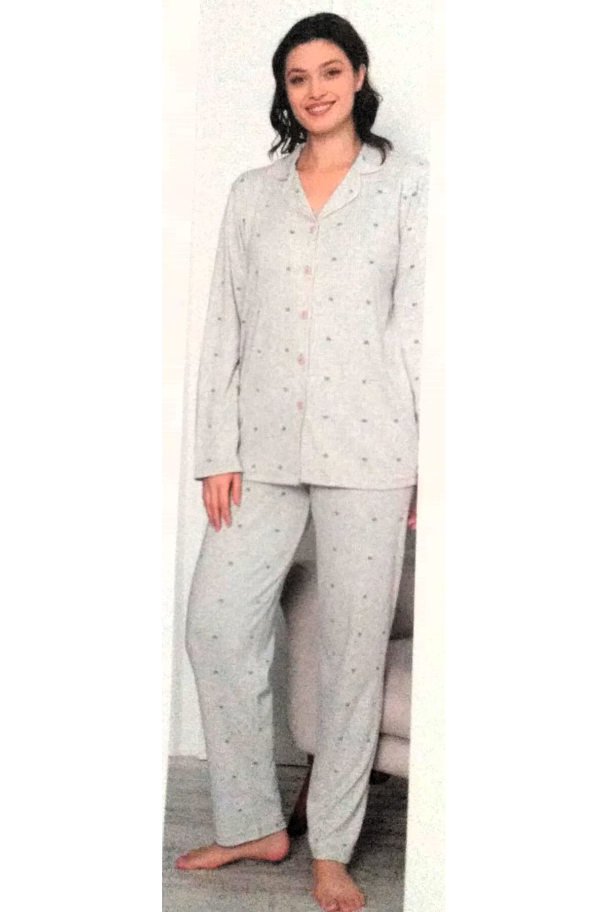 Miss Melina Önden Düğmeli Uzun Kol Kadın Pijama Takımı Gri
