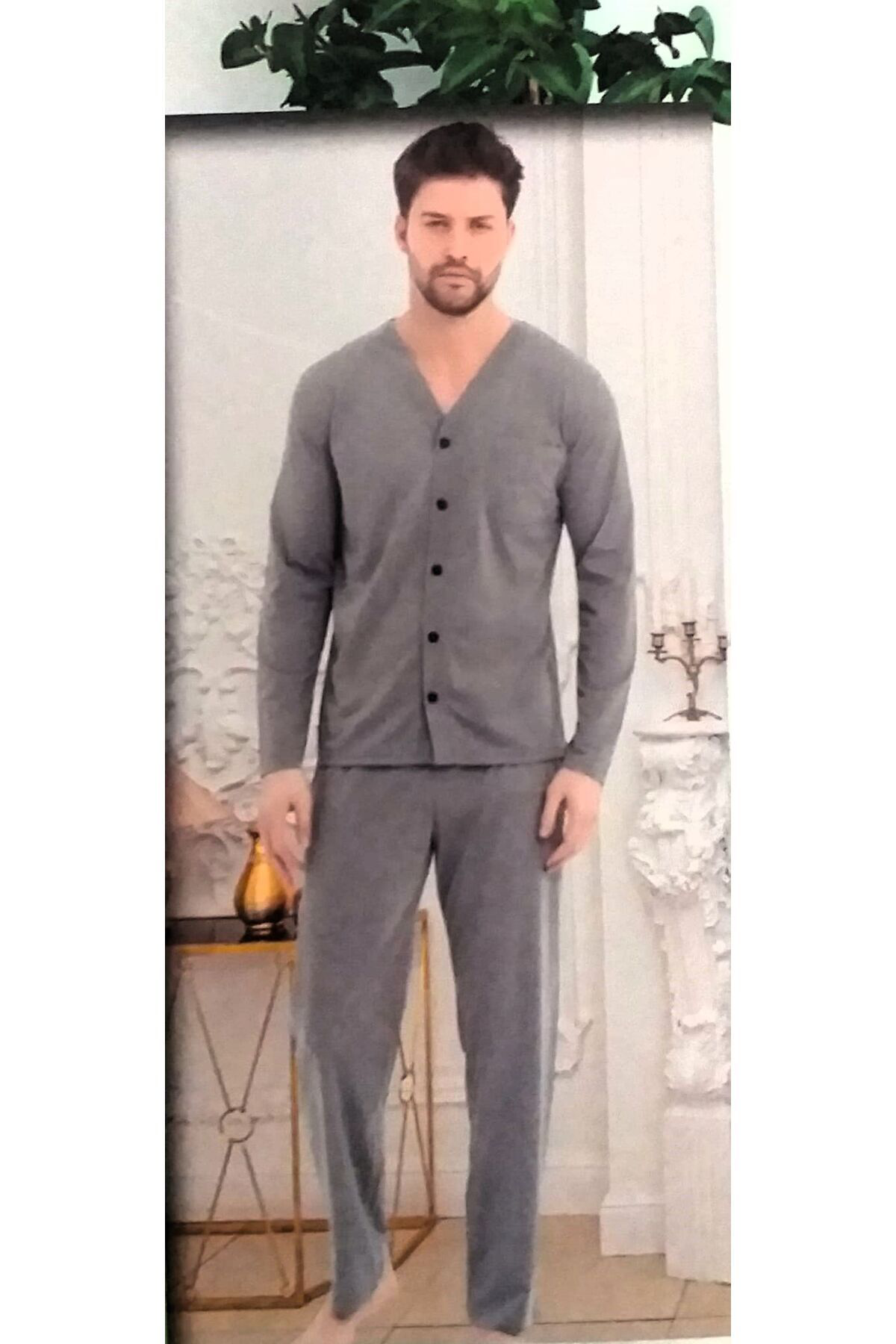 Önden Düğmeli Uzun Kol Pamuklu Erkek Pijama Takımı