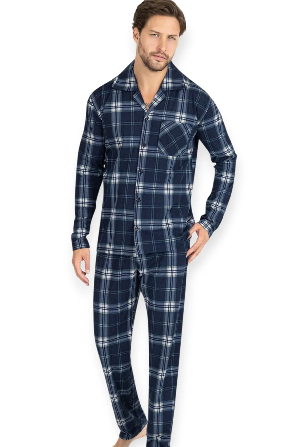 Önden Düğmeli Uzun Kol TERMAL Pijama Takımı Kareli