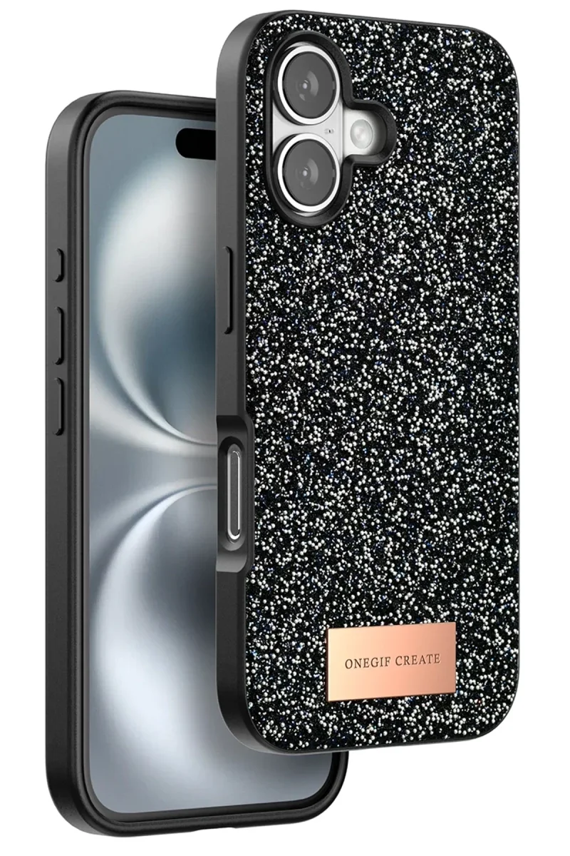 Onegif Apple iPhone 16 Bright Simli Kapak - Siyah Onegif Apple iPhone 16 Bright Simli Kapak - Siyah