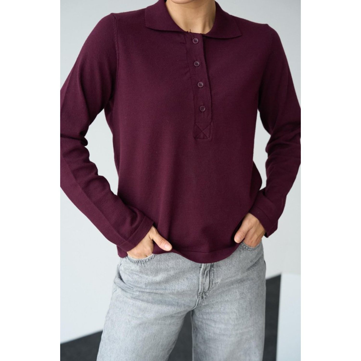 Önü 4 Düğme Polo Yaka Kazak - Bordo