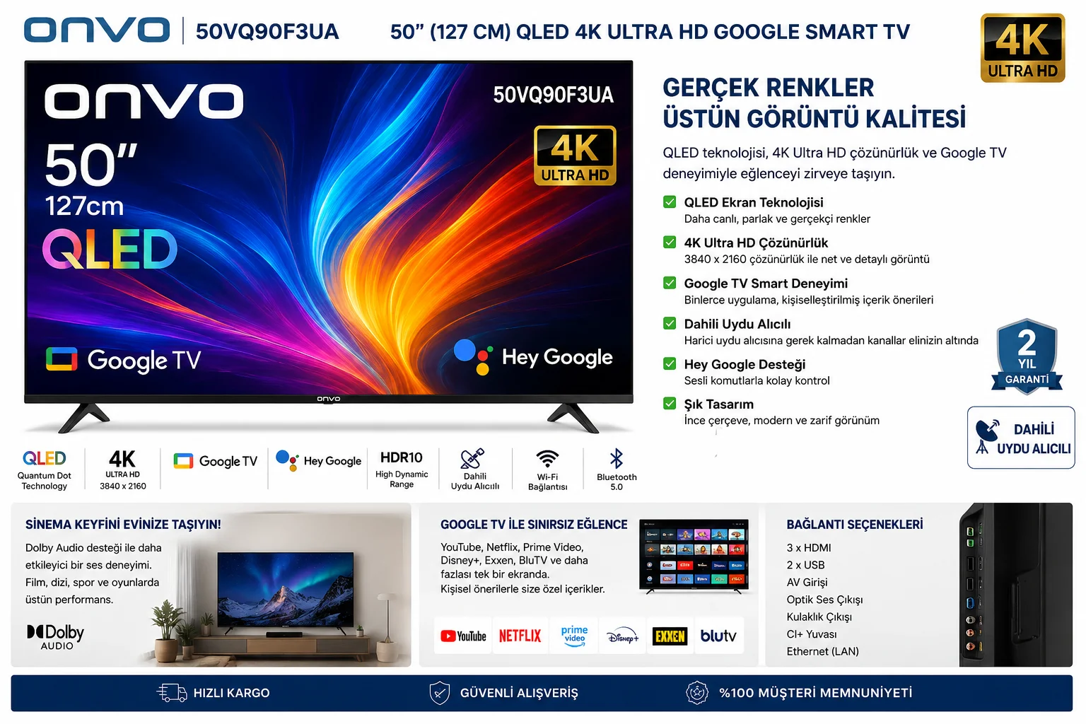 Onvo 50vq90f3ua 4k Ultra Hd 50" 127 Ekran Uydu Alıcılı Google Smart Qled Tv+ Askı Aparatı 50" Onvo 50vq90f3ua 4k Ultra Hd 50" 127 Ekran Uydu Alıcılı Google Smart Qled Tv+ Askı Aparatı 50"