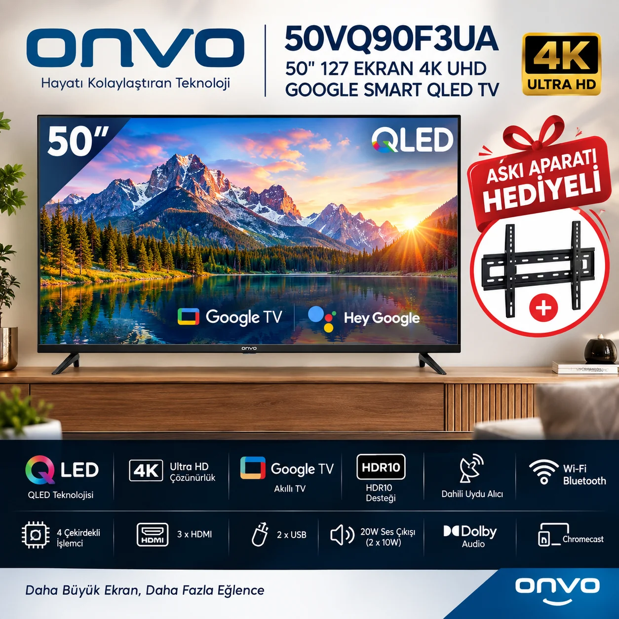 Onvo 50vq90f3ua Qled Tv + Askı Aparatı 50"