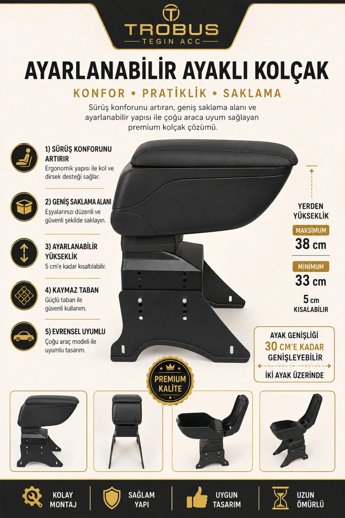 Opel Agila 2000-2014 Uyumlu Siyah Ayaklı Sürgülü Kolçak Ayarlanabilir Yükseklikli Fiyatı, Yorumları ve Özellikleri