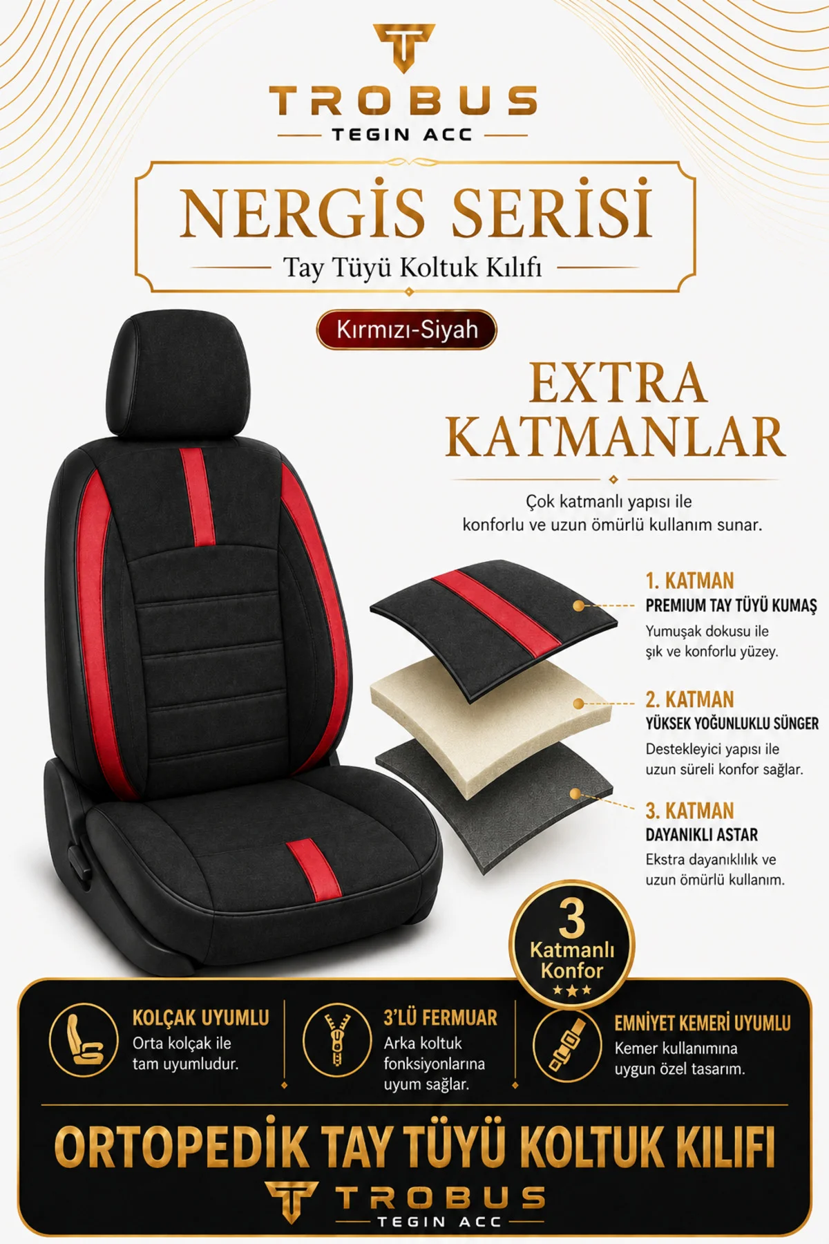 Opel Astra G 1998-2004 Uyumlu Kırmızı Nergis Serisi Ortopedik Tay Tüyü 2+1 Ticari Koltuk Kılıfı