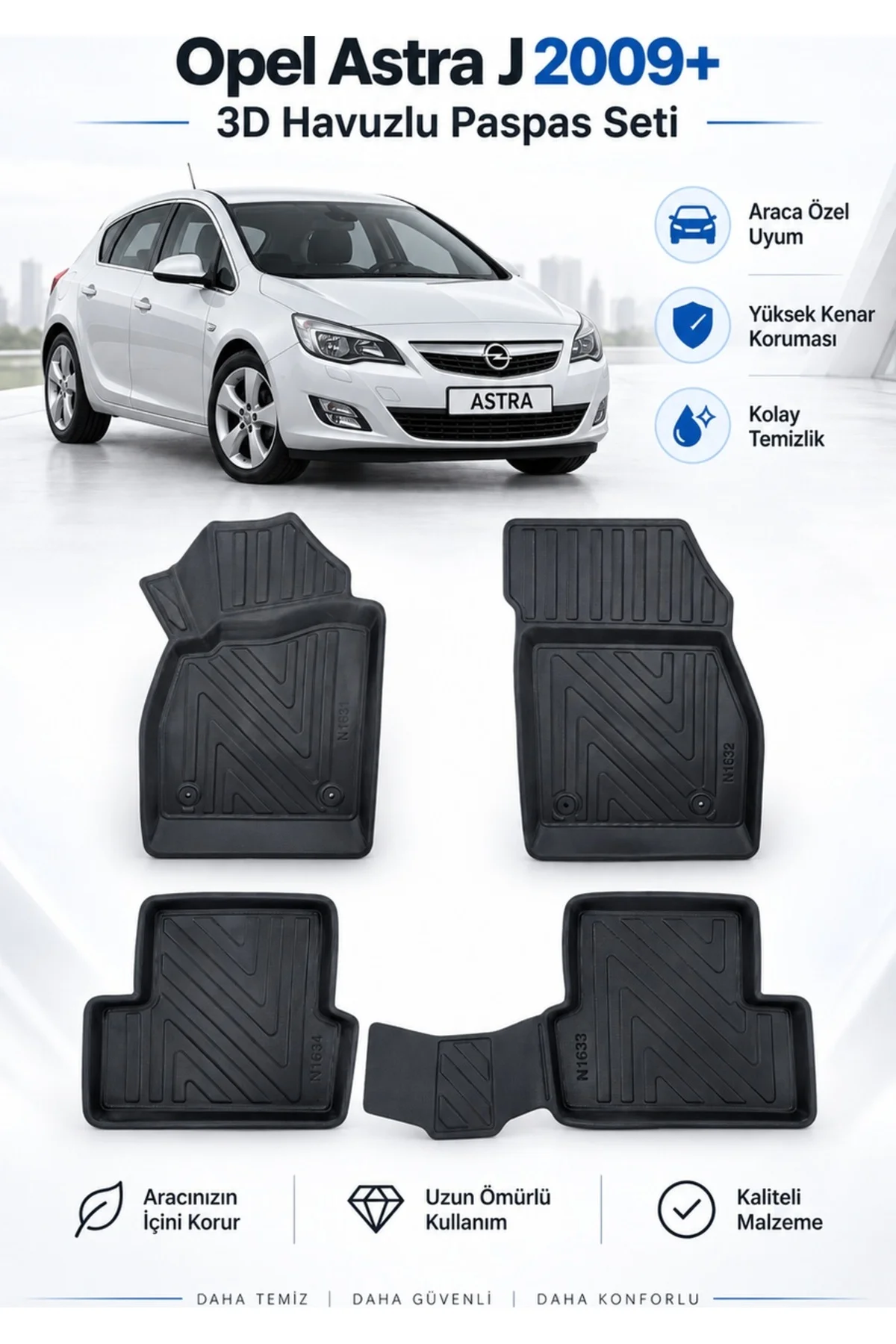 Opel Astra J Hatchback / Sedan 2010-2015 Karbon Desenli Premium 3D Havuzlu Oto Paspas