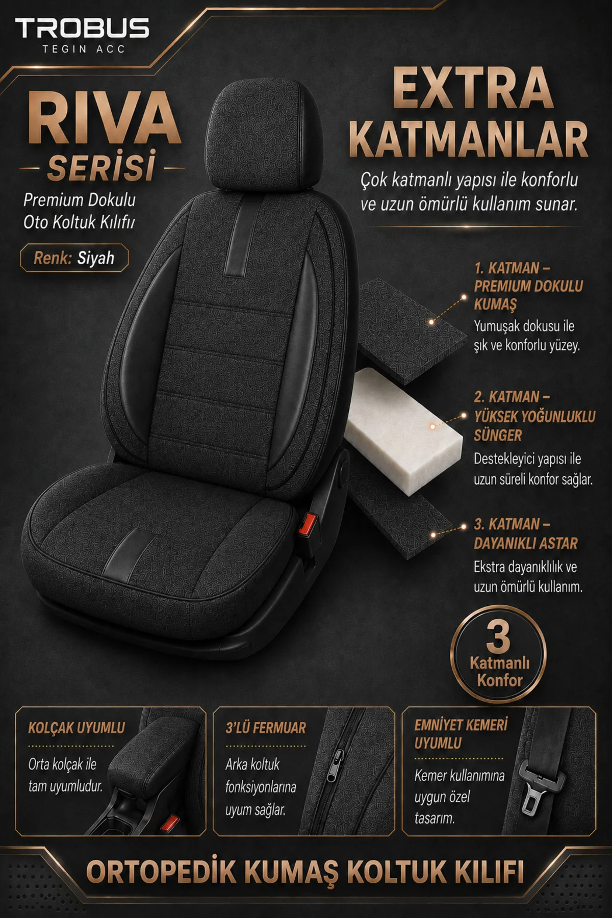 Opel Combo 2013-2018 Uyumlu Riva Serisi 2+1 Ticari Siyah Ortopedi Fiyatı, Yorumları ve Özellikleri