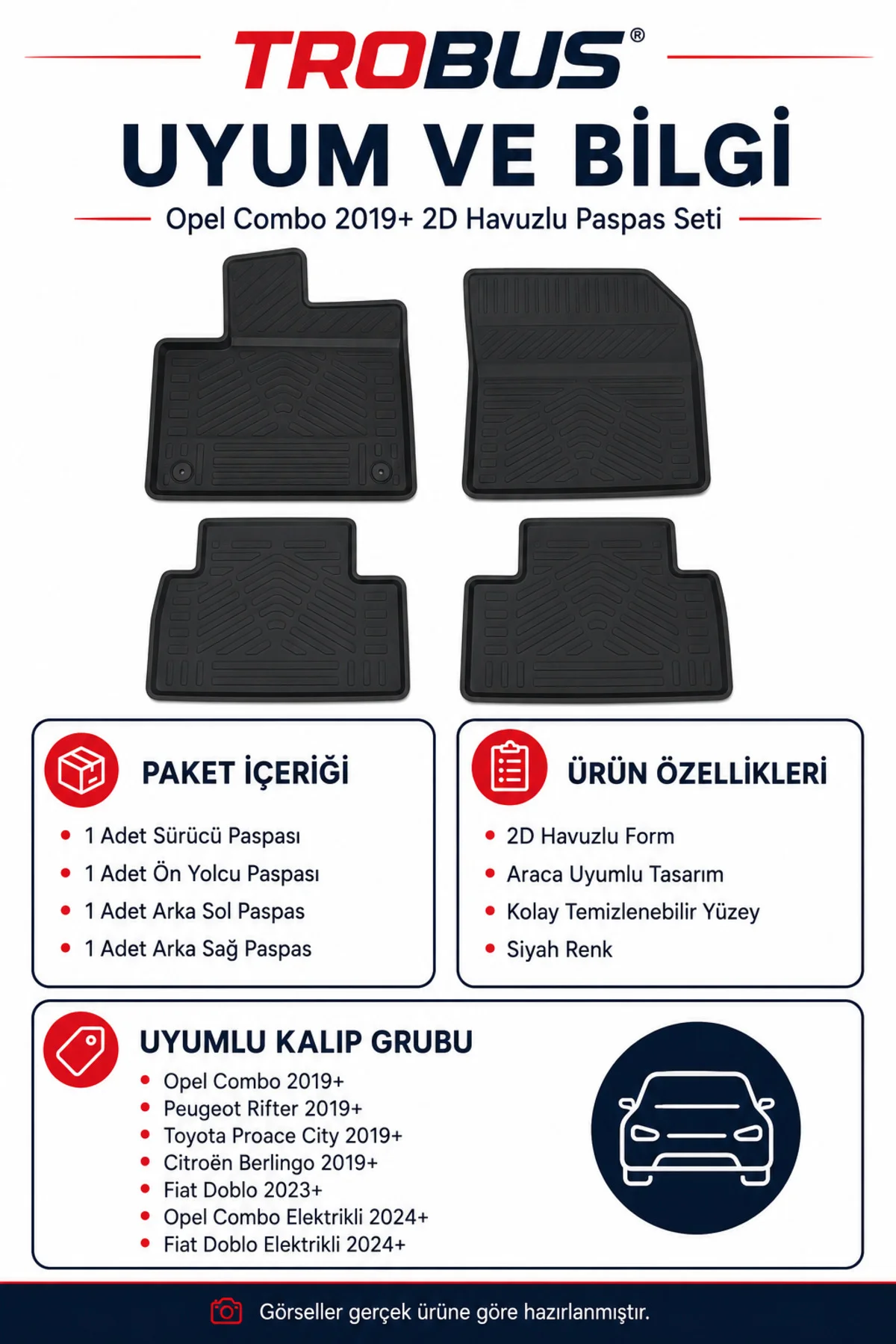 Opel Combo 2019 ve Sonrası 5 Koltuk 2D Havuzlu Paspas
