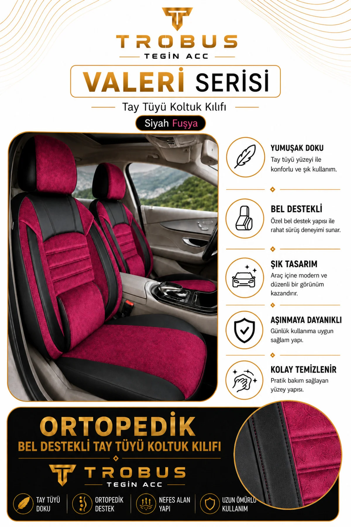 Opel Corsa 2015-2019 Uyumlu Valeria Serisi Bordo Siyah Bel Destekli Tay Tüyü Koltuk Kılıfı Fiyatı, Yorumları ve Özellikleri