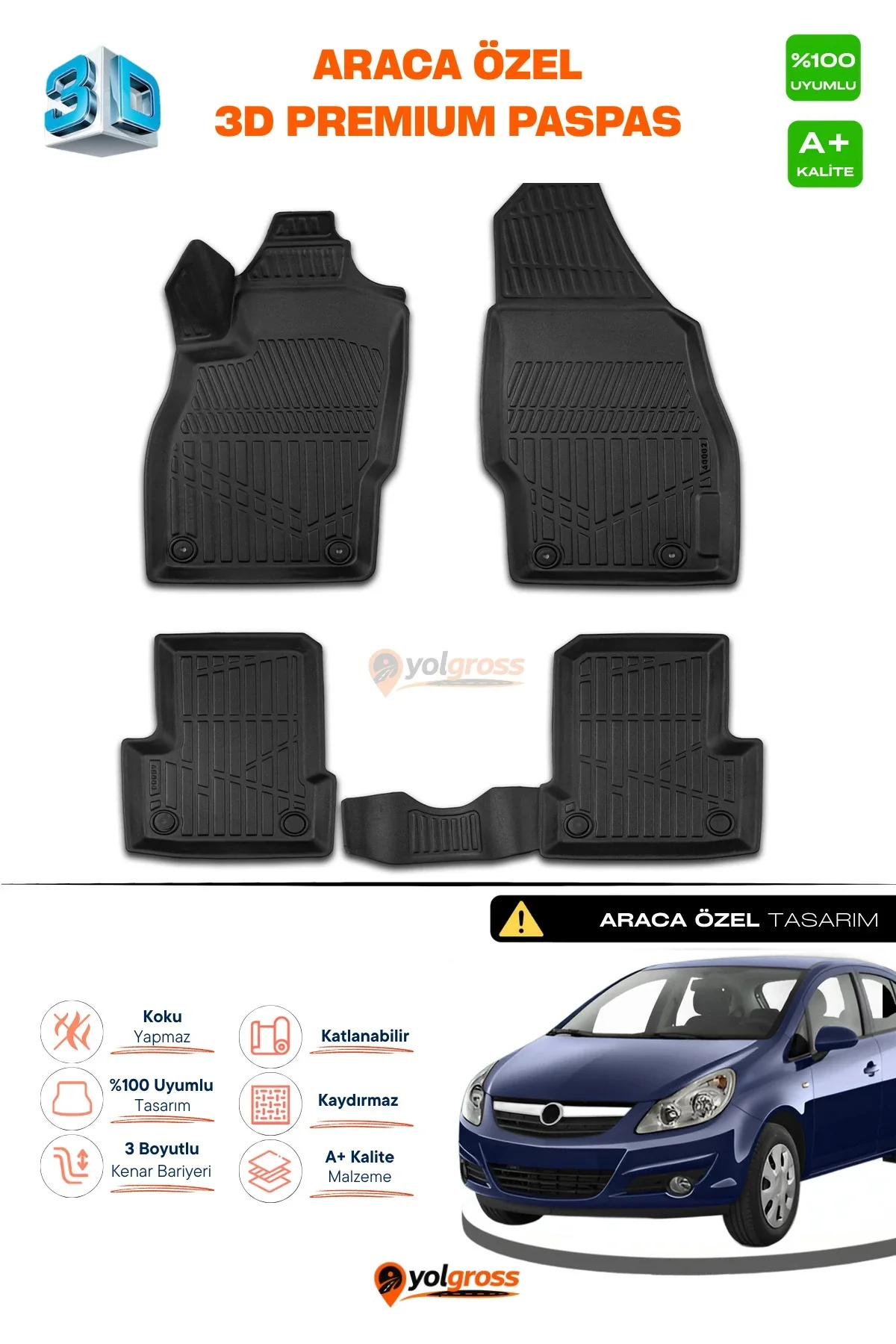 Opel Corsa D 3D Pro Havuzlu Paspas 2006-2014 A+ Kalite