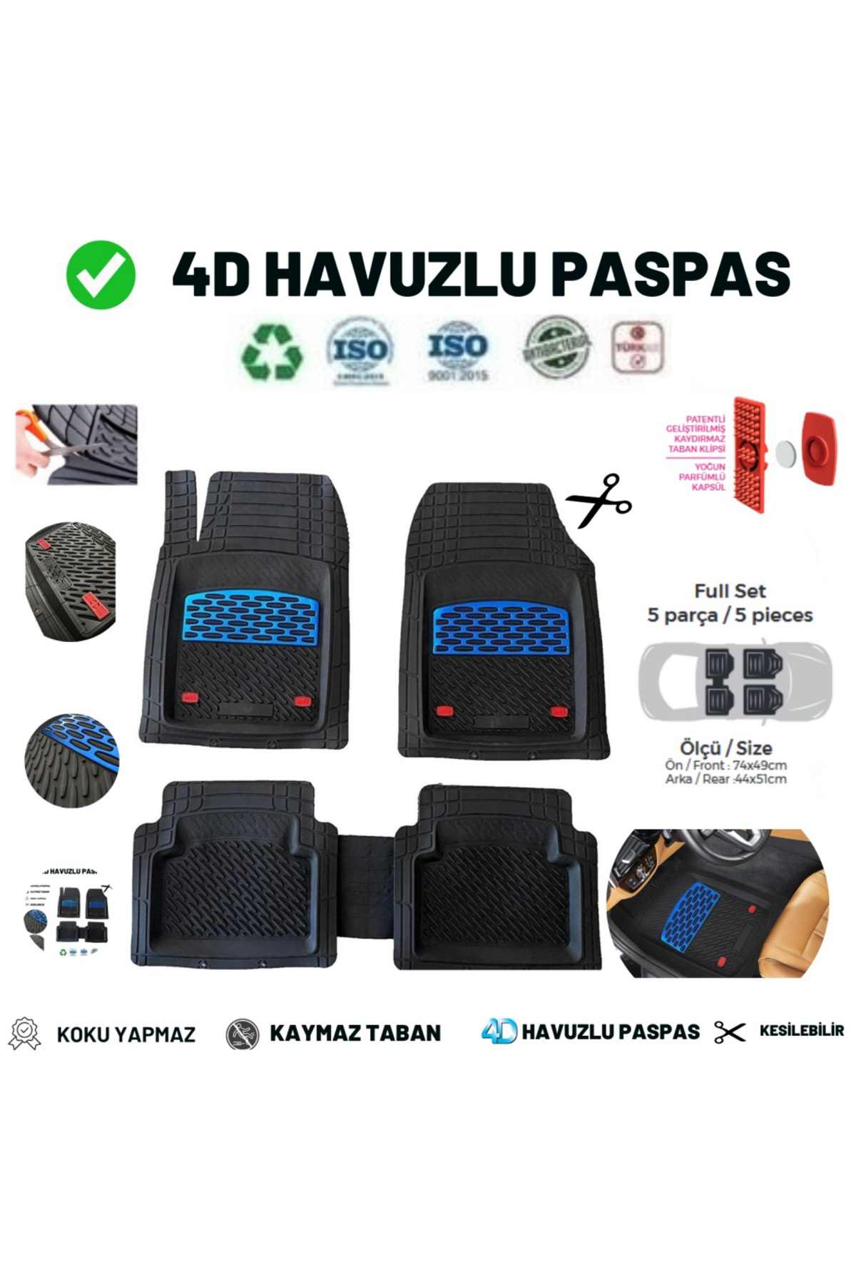 Zeyno Ticaret Opel Corsa F 2023 Uyumlu Havuzlu Üniversal Maxi Paspas Mavi - Siy