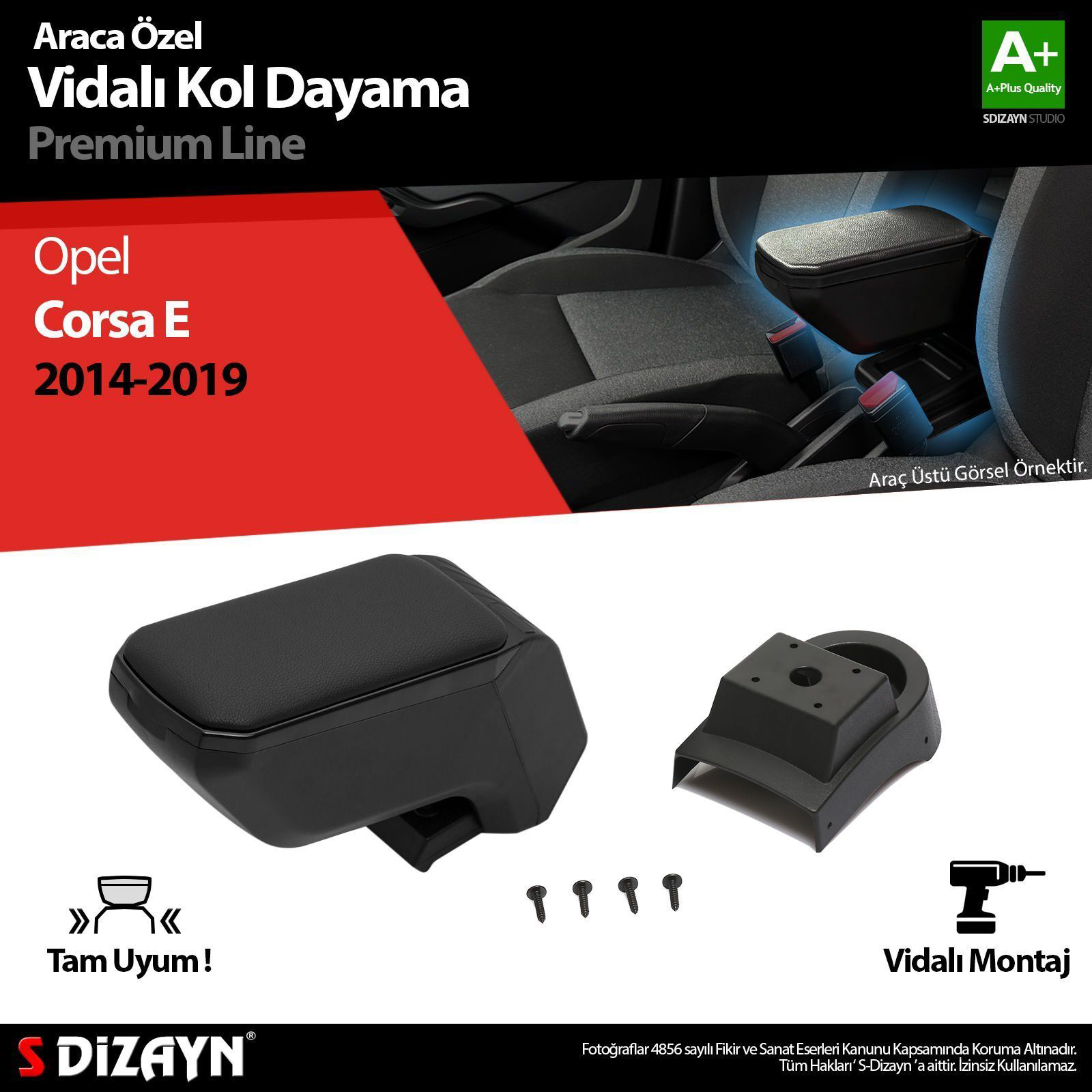 Opel Corsa Uyumlu E ABS Vidalı Kol Dayama Kolçak Siyah 2014-2019 