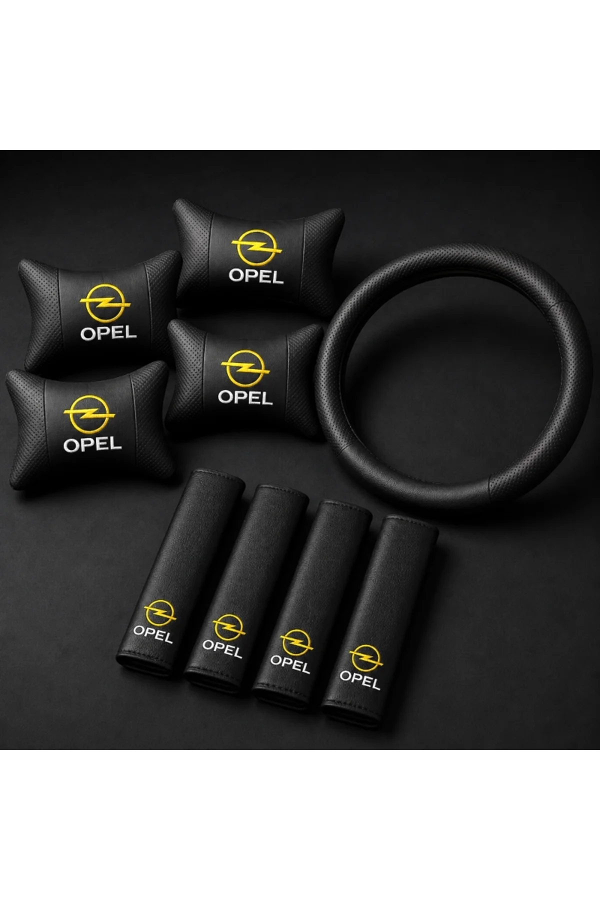 Opel Logolu 9 Parça Oto Boyun Yastığı Kemer Pedi ve Direksiyon Kılıfı Seti Siyah Deri Görünümlü Universal Araç İçi Konfor Seti - Görsel 2