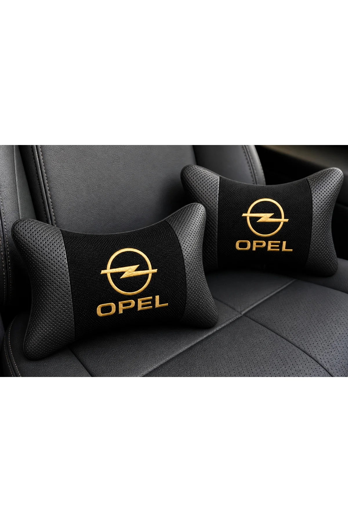 Opel Logolu Boyun Yastığı 2’li Set Siyah Keten Kumaş Nakışlı Oto Koltuk Baş Destek Yastığı - Görsel 3
