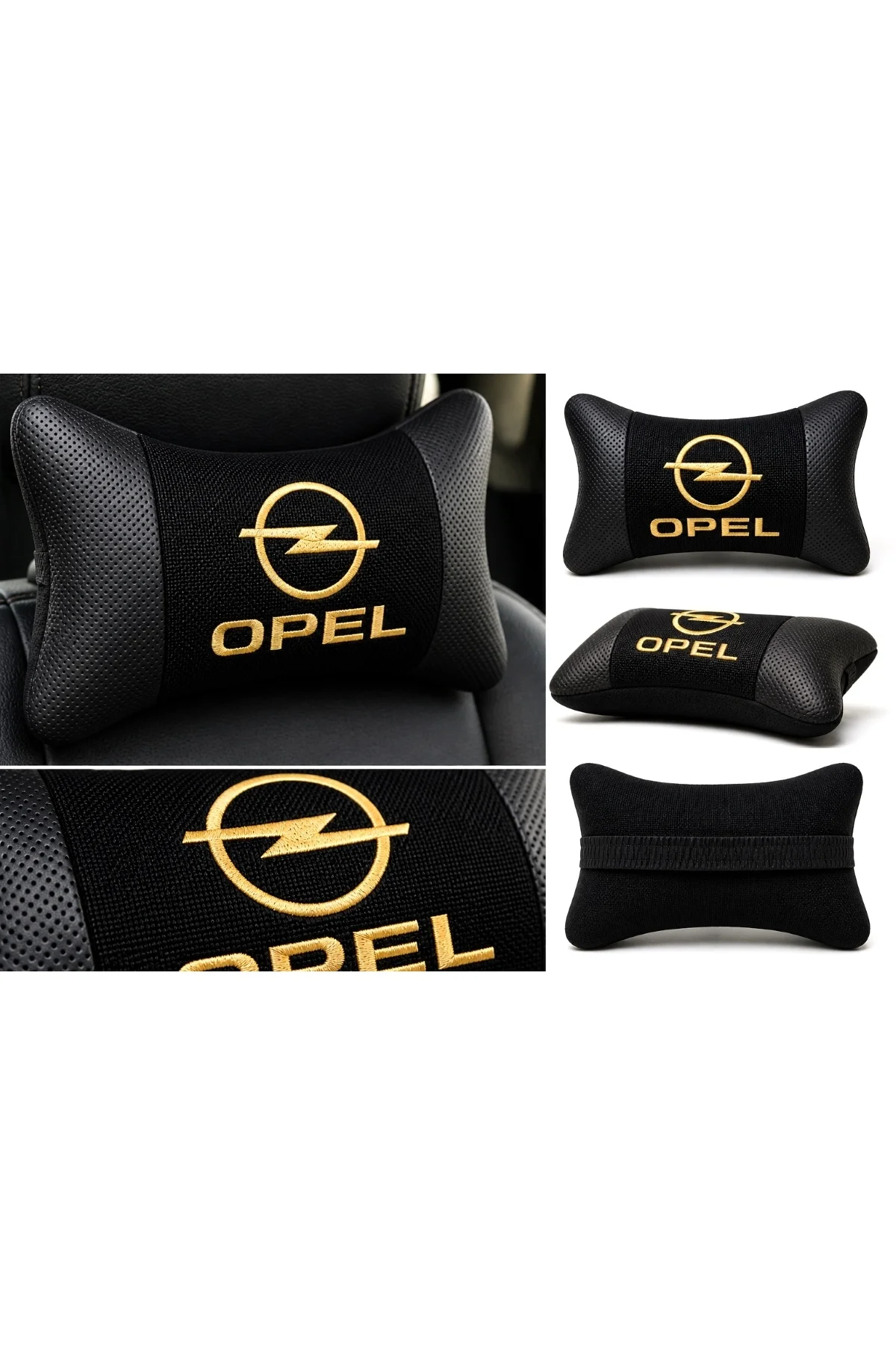 Opel Logolu Boyun Yastığı 2’li Set Siyah Keten Kumaş Nakışlı Oto Koltuk Baş Destek Yastığı - Görsel 4