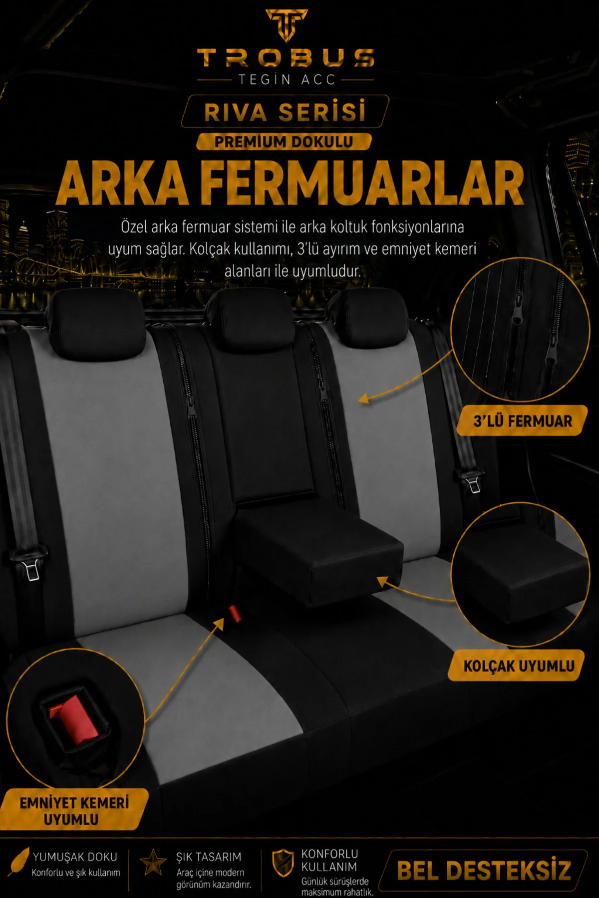 Opel Vectra 2002-2009 Uyumlu Riva Serisi Tay Tüyü Otropedik Gri Siyah Premium Koltuk Kılıfı