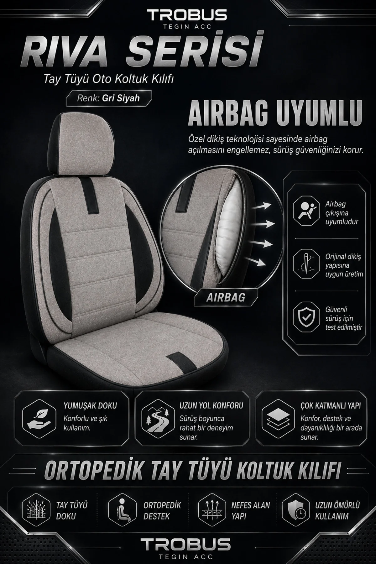 Opel Vectra 2002-2009 Uyumlu Riva Serisi Tay Tüyü Otropedik Gri Siyah Premium Koltuk Kılıfı