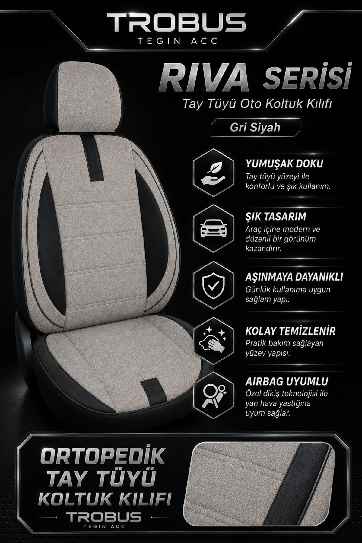 Opel Vectra 2002-2009 Uyumlu Riva Serisi Tay Tüyü Otropedik Gri Siyah Premium Koltuk Kılıfı