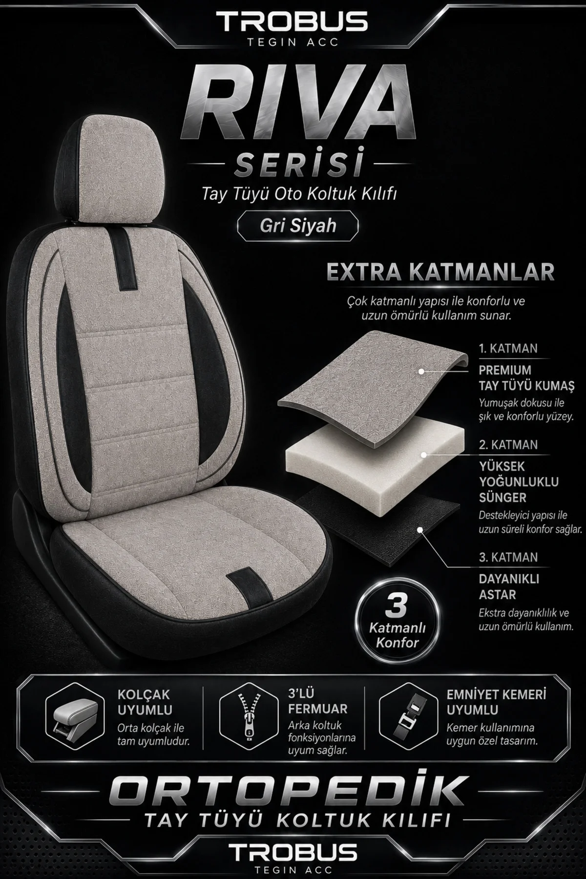 Opel Vectra 2002-2009 Uyumlu Riva Serisi Tay Tüyü Otropedik Gri Siyah Premium Koltuk Kılıfı