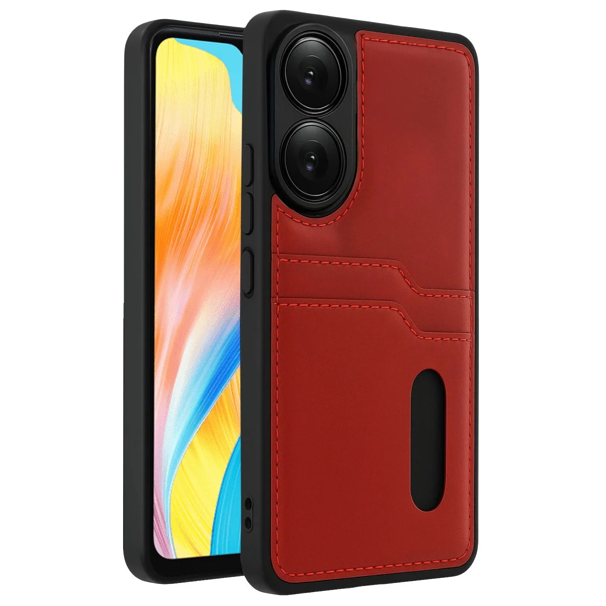 Oppo A38 Sara Kartvizitli Deri Kılıf - Kırmızı Oppo A38 Sara Kartvizitli Deri Kılıf - Kırmızı