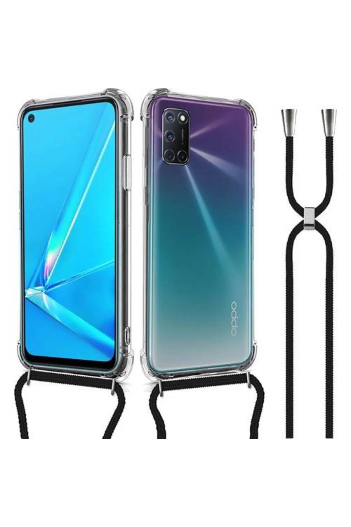Oppo A52 Askılı İpli Şeffaf Tank Kılıf Siyah