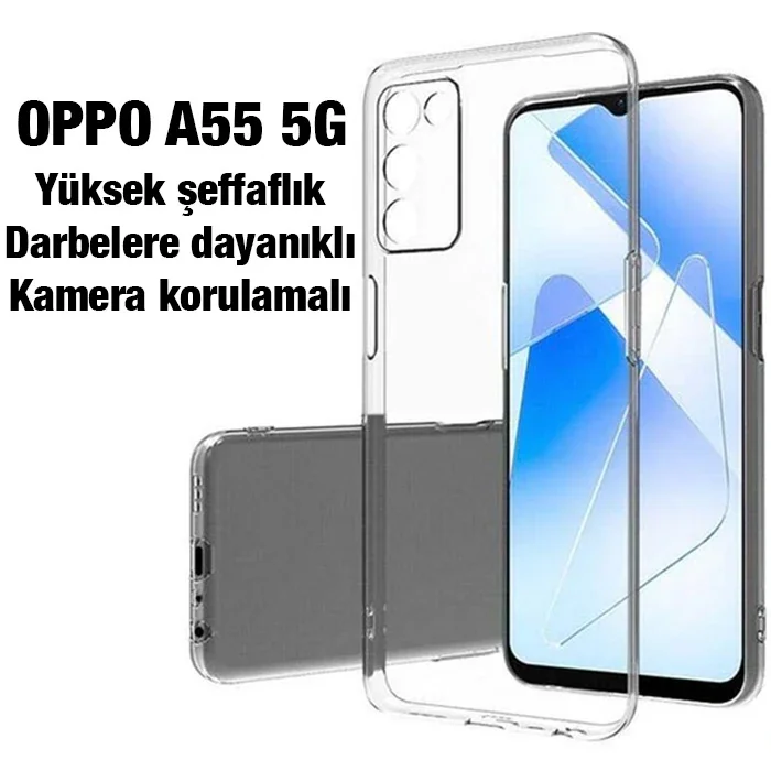 OPPO A55 5G Kılıfı - Kamera Korumalı Ultra İnce Şeffaf Silikon Koruyucu Arka Kapak