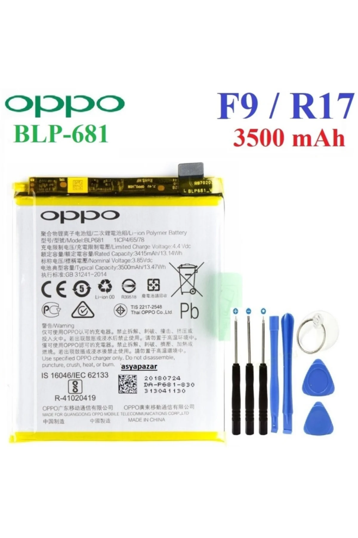 Oppo F9 / R17 Pil Batarya Blp681 + Tamir Seti