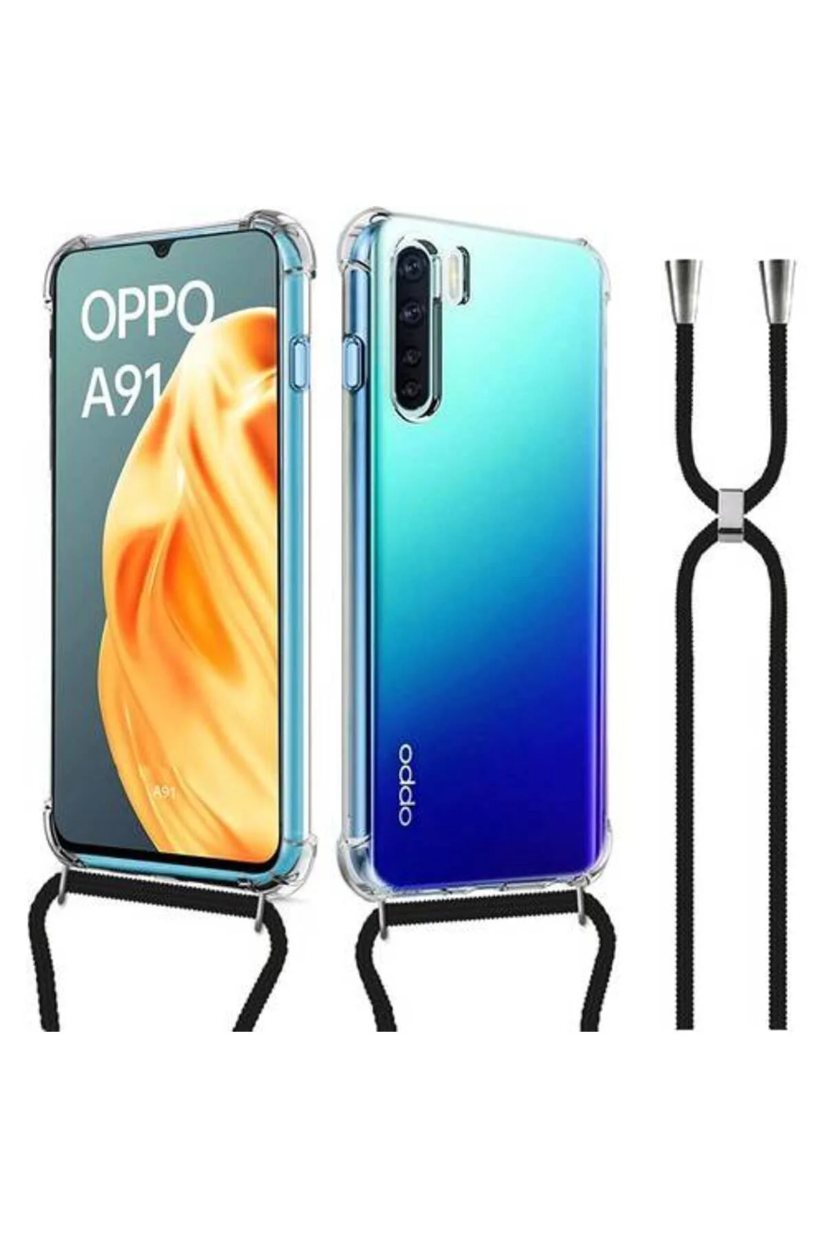 Oppo Reno 3 Askılı İpli Şeffaf Tank Kılıf Siyah