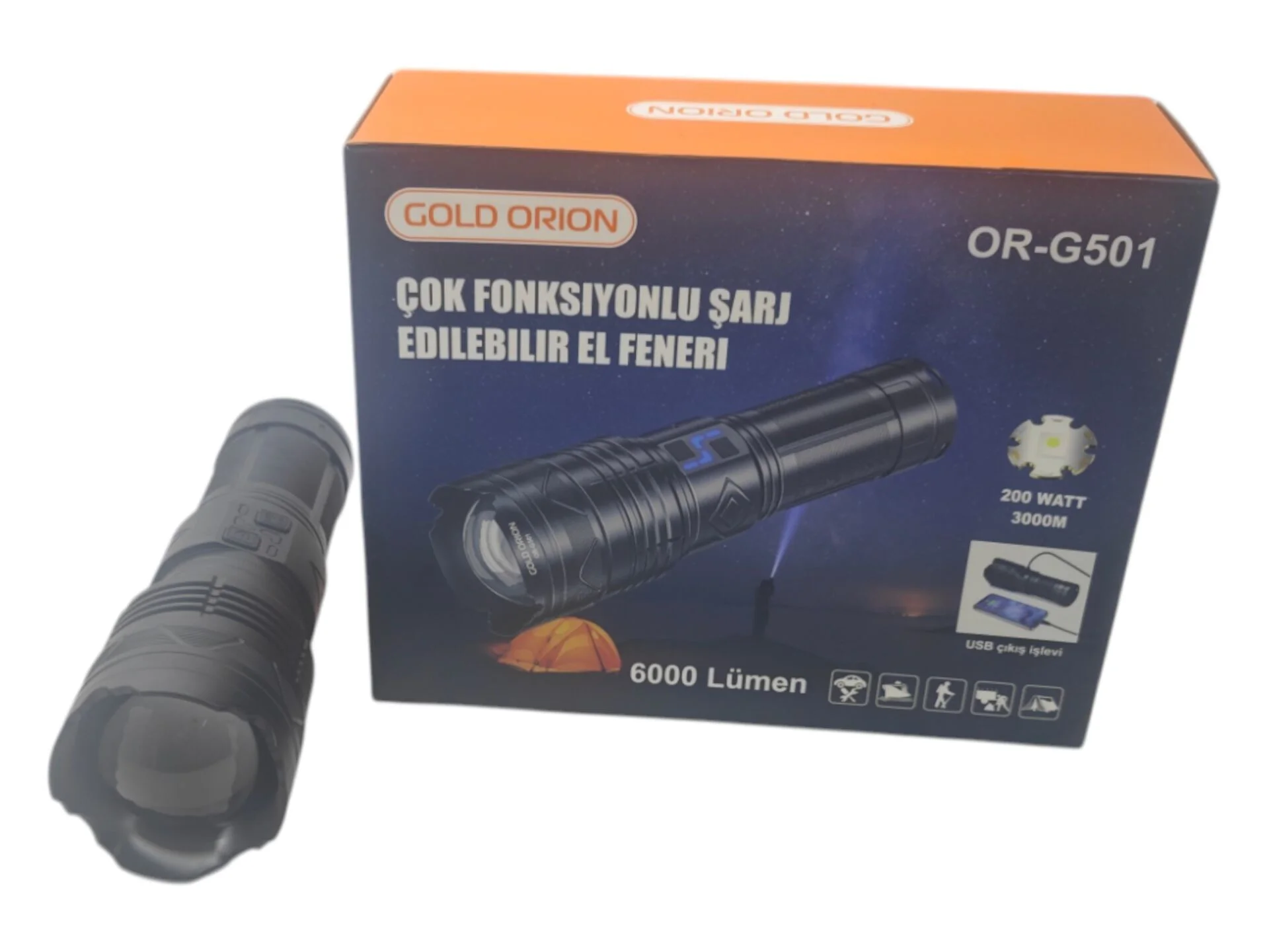 OR-G501   Gold Orion 200W Şarjlı El Feneri 6000 Lümen