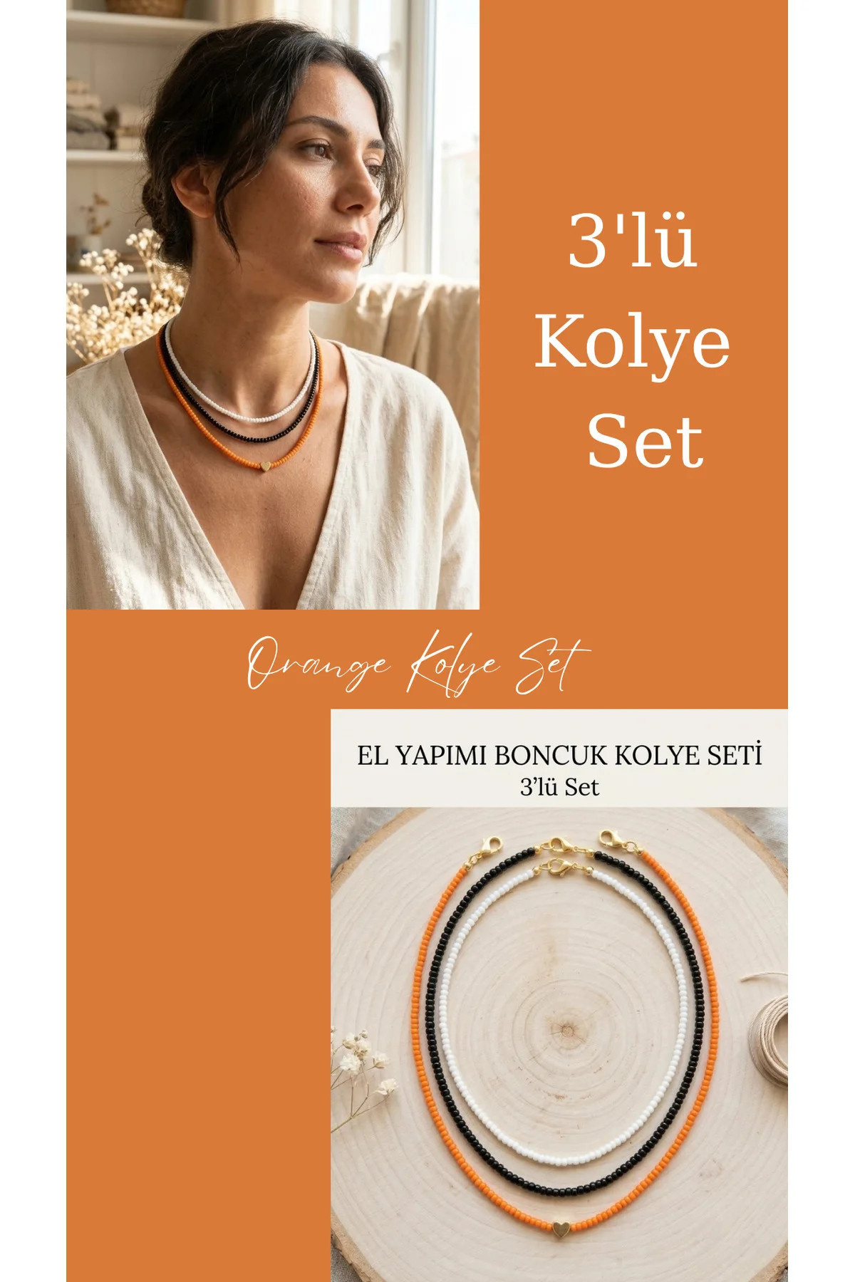 Orange 3'lü Cam Gold Kalp Detay Boncuk Kolye Seti (Siyah,Turuncu,Beyaz)