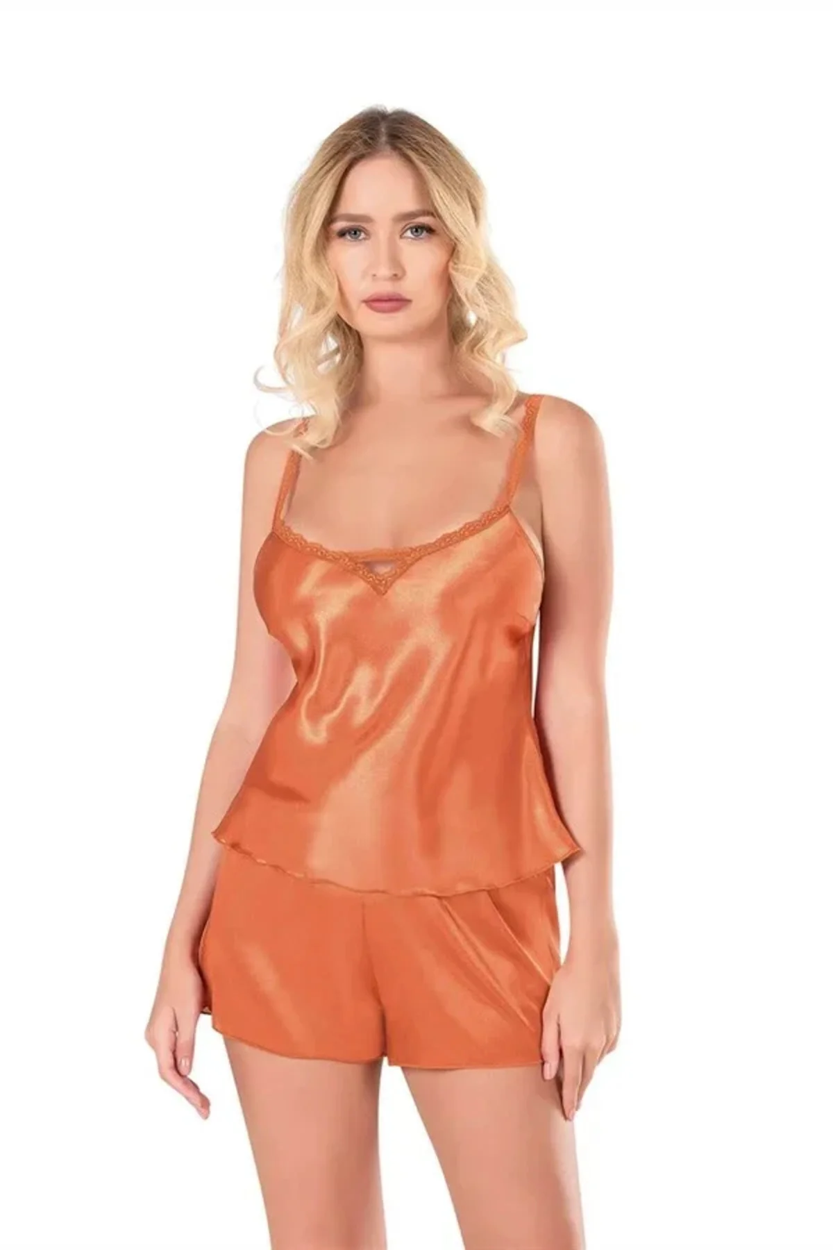Oranj Saten Babydoll Şort Takımı Oranj Saten Babydoll Şort Takımı