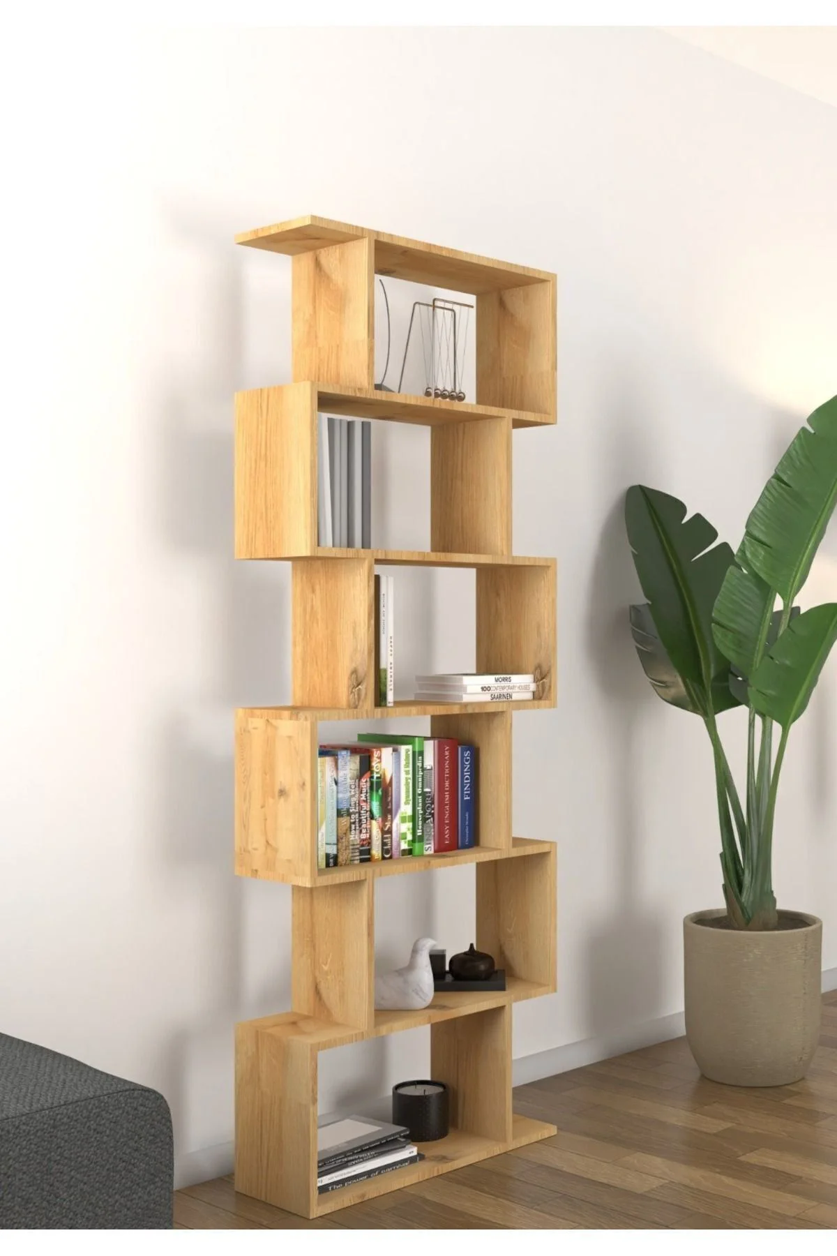 Oregon 6 Raflı Zikzak Kitaplık, Dekoratif Raf 6 Raflı Kitaplık, L