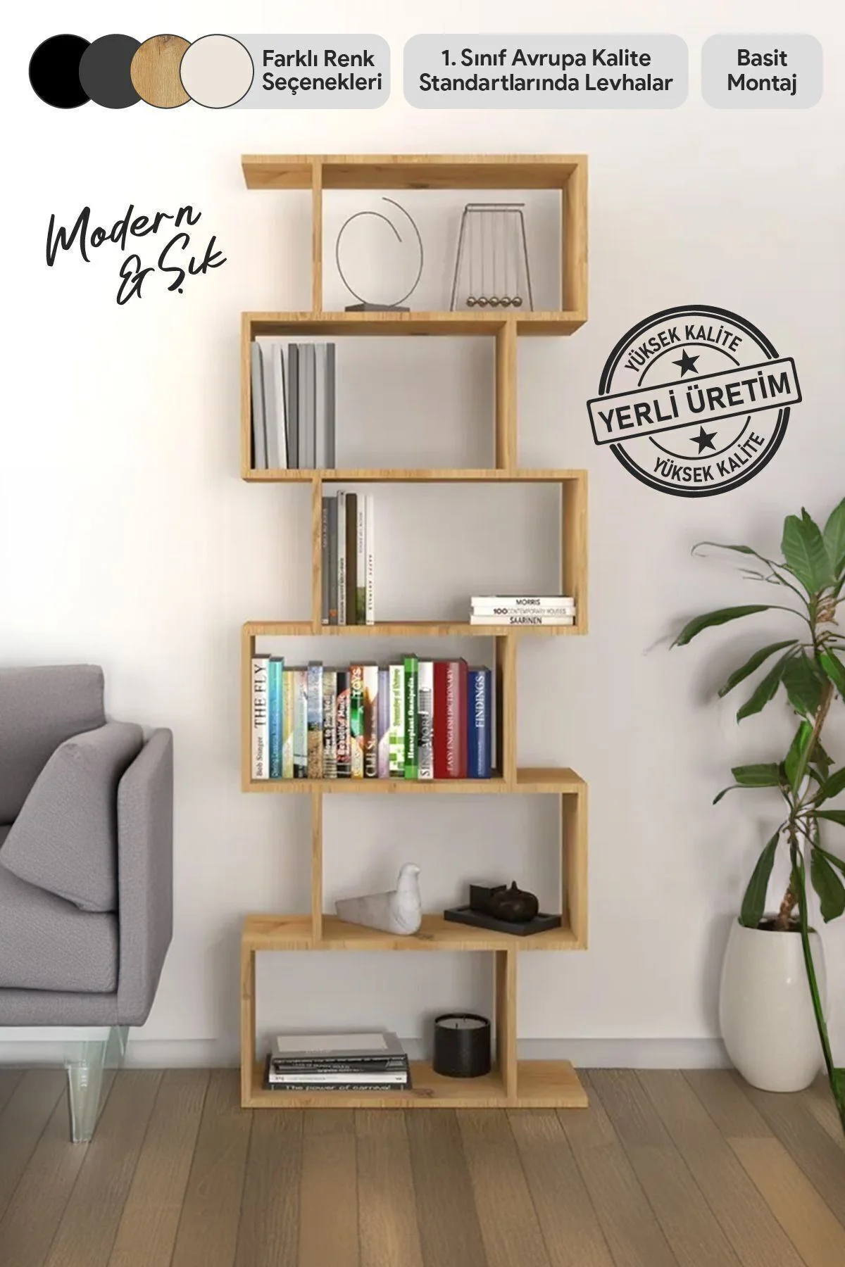 Oregon 6 Raflı Zikzak Kitaplık, Dekoratif Raf 6 Raflı Kitaplık, L