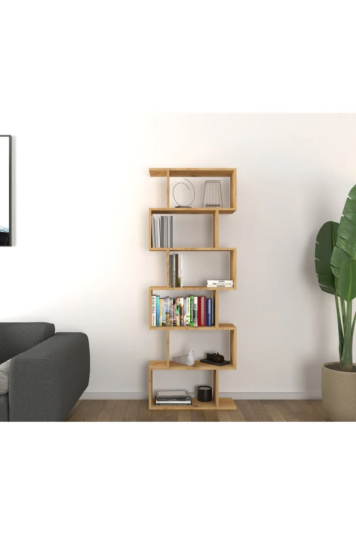 Oregon 6 Raflı Zikzak Kitaplık, Dekoratif Raf 6 Raflı Kitaplık, L