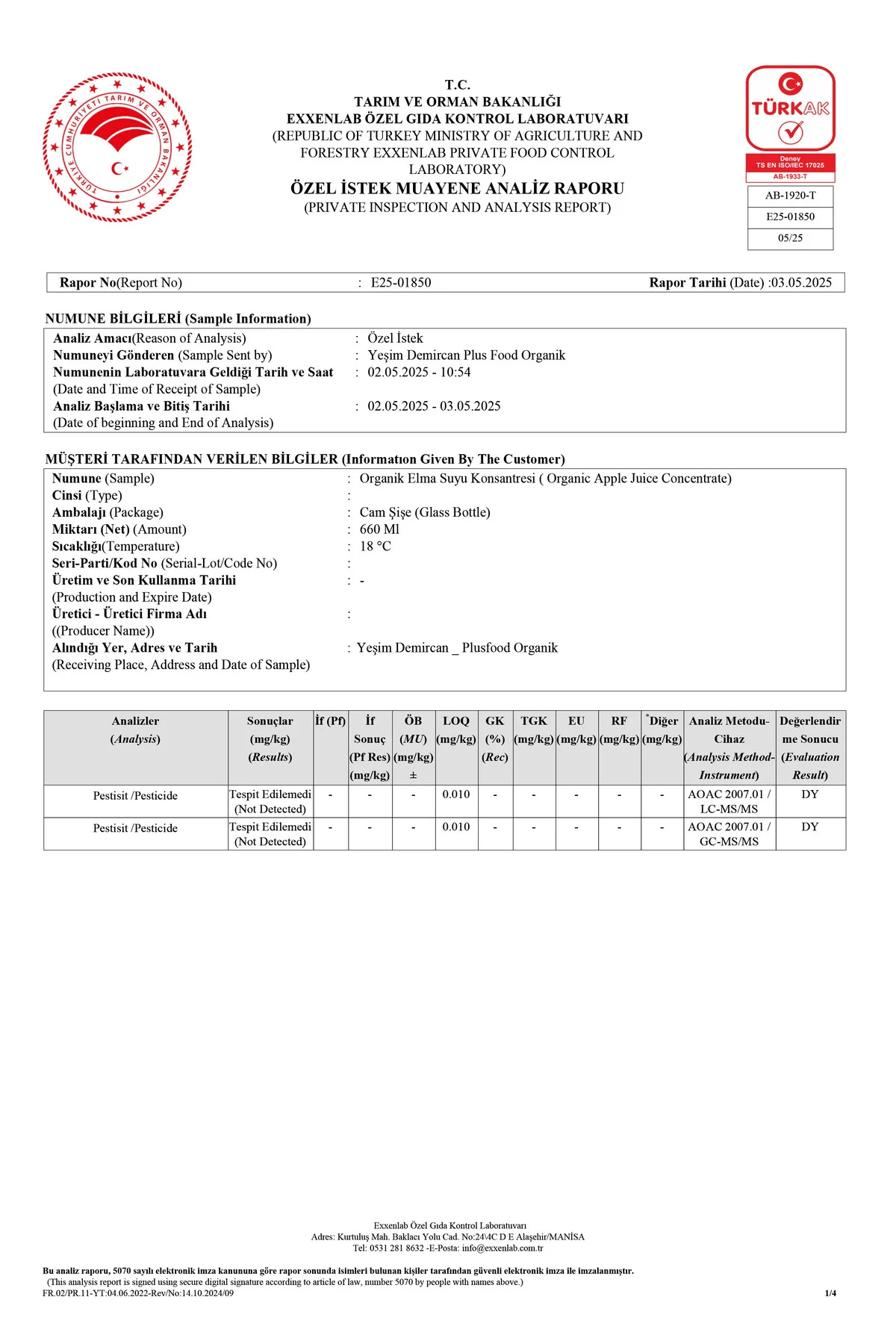 Organik Elma Suyu Konsantresi 1320g (ANALİZLİ - KATKI VE KORUYUCU