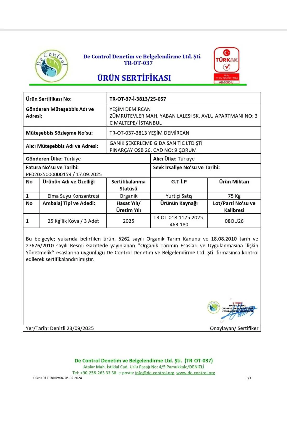 Organik Elma Suyu Konsantresi 1330 G X 2 Adet (ANALİZLİ - KATKI V