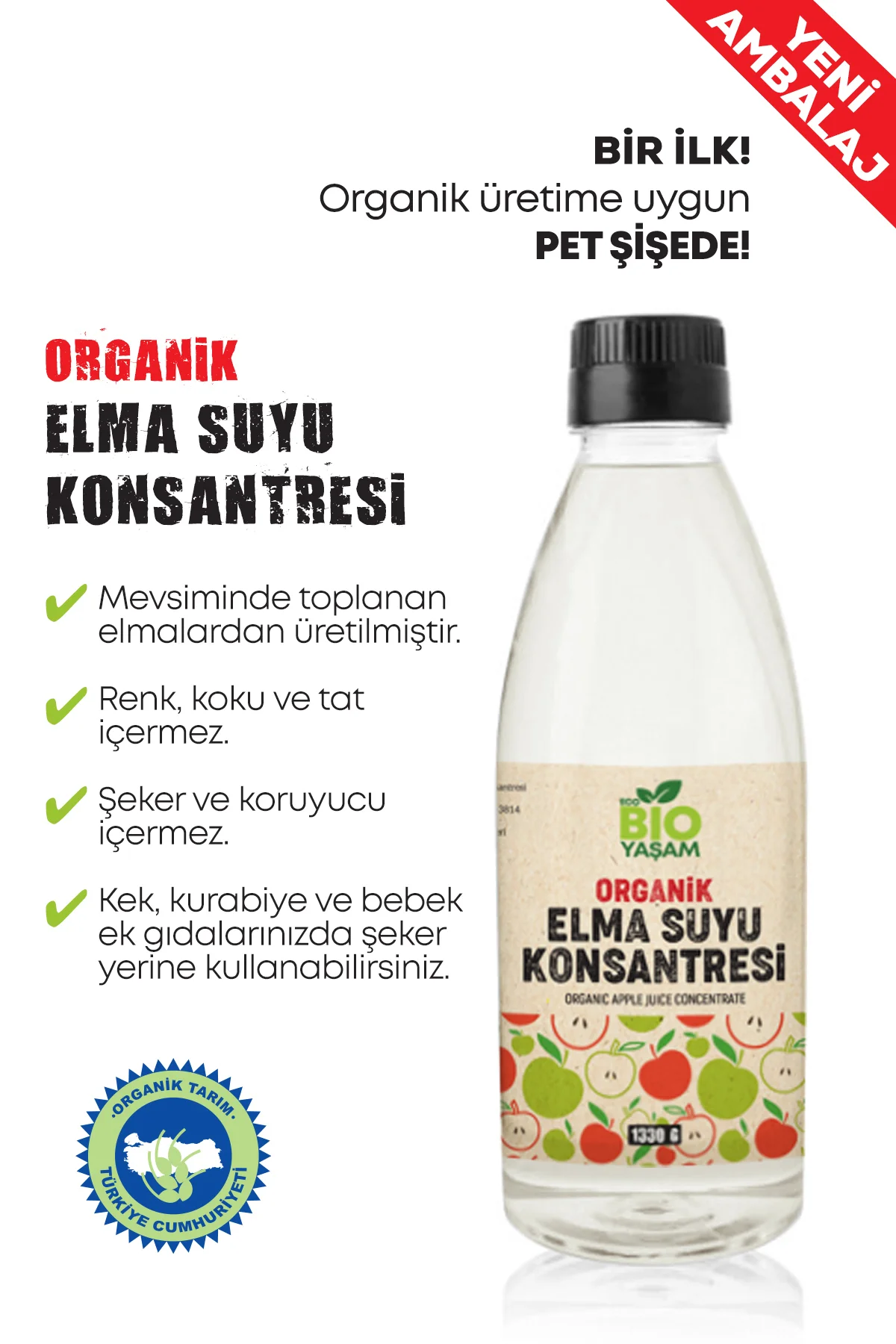 Organik Elma Suyu Konsantresi 1320g (ANALİZLİ - KATKI VE KORUYUCU