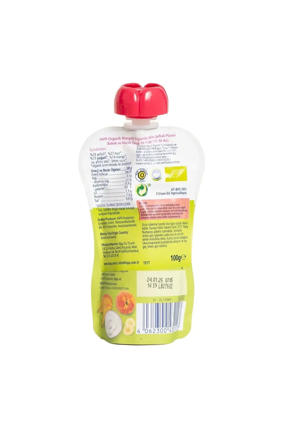 Organik Mangolu Yoğurtlu Muzlu Şeftali Püresi 100 Gr