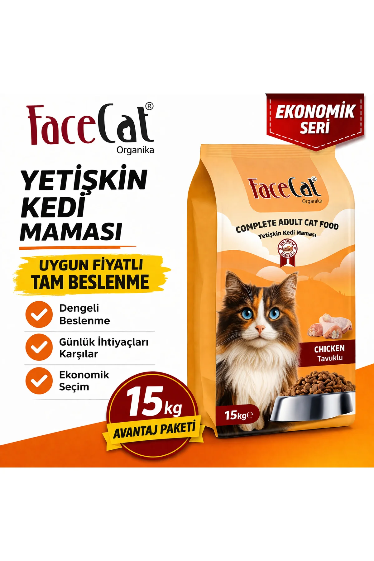 Organika Yetişkin Kedi Maması 15 Kg Tavuklu – Ekonomik Büyük Pake