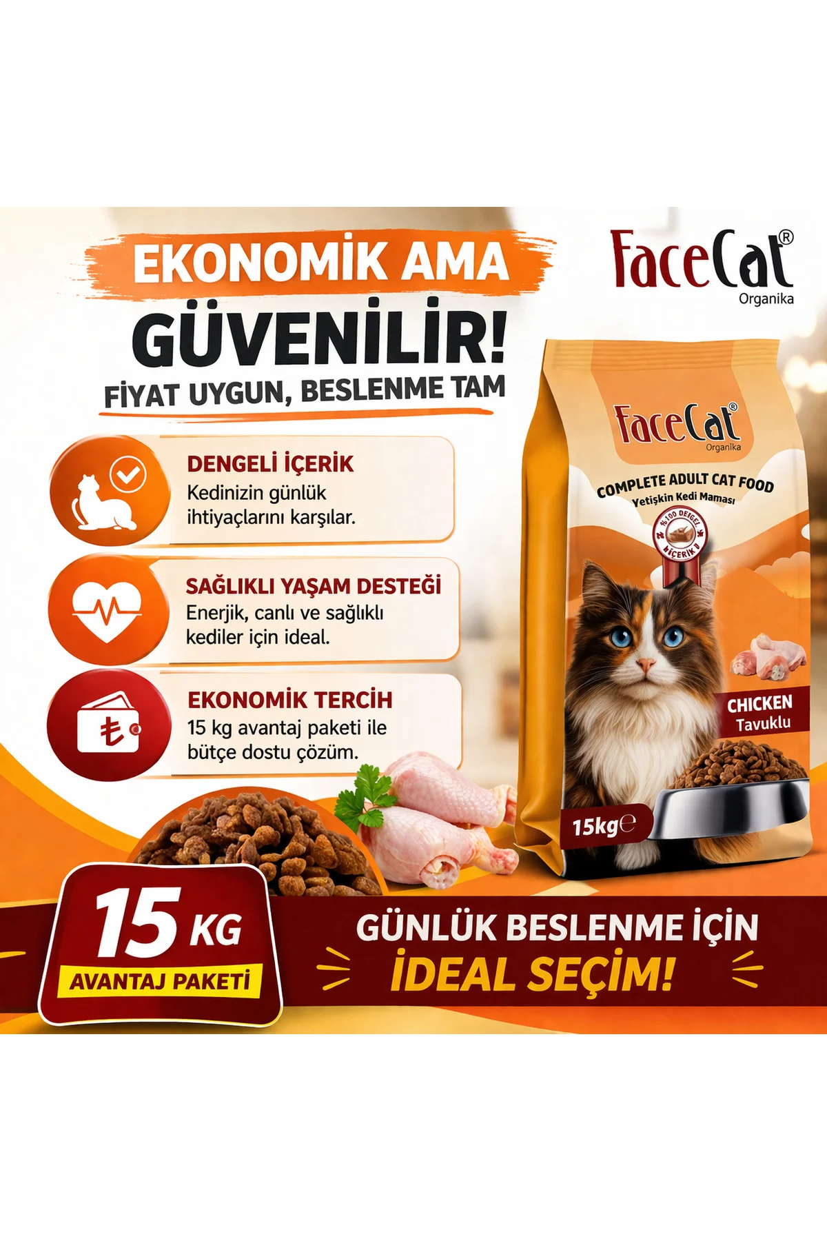 Organika Yetişkin Kedi Maması 15 Kg Tavuklu – Ekonomik Büyük Pake