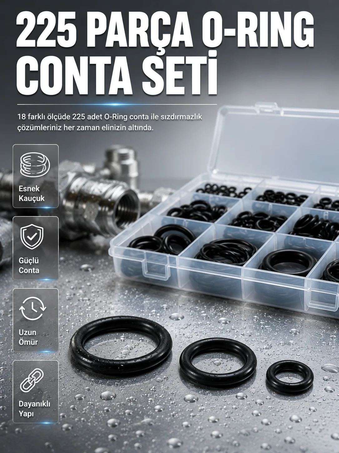 Organizer Kutulu O-Ring Conta Seti 225 Parça | Dayanıklı Kauçuk Sızdırmazlık Contaları