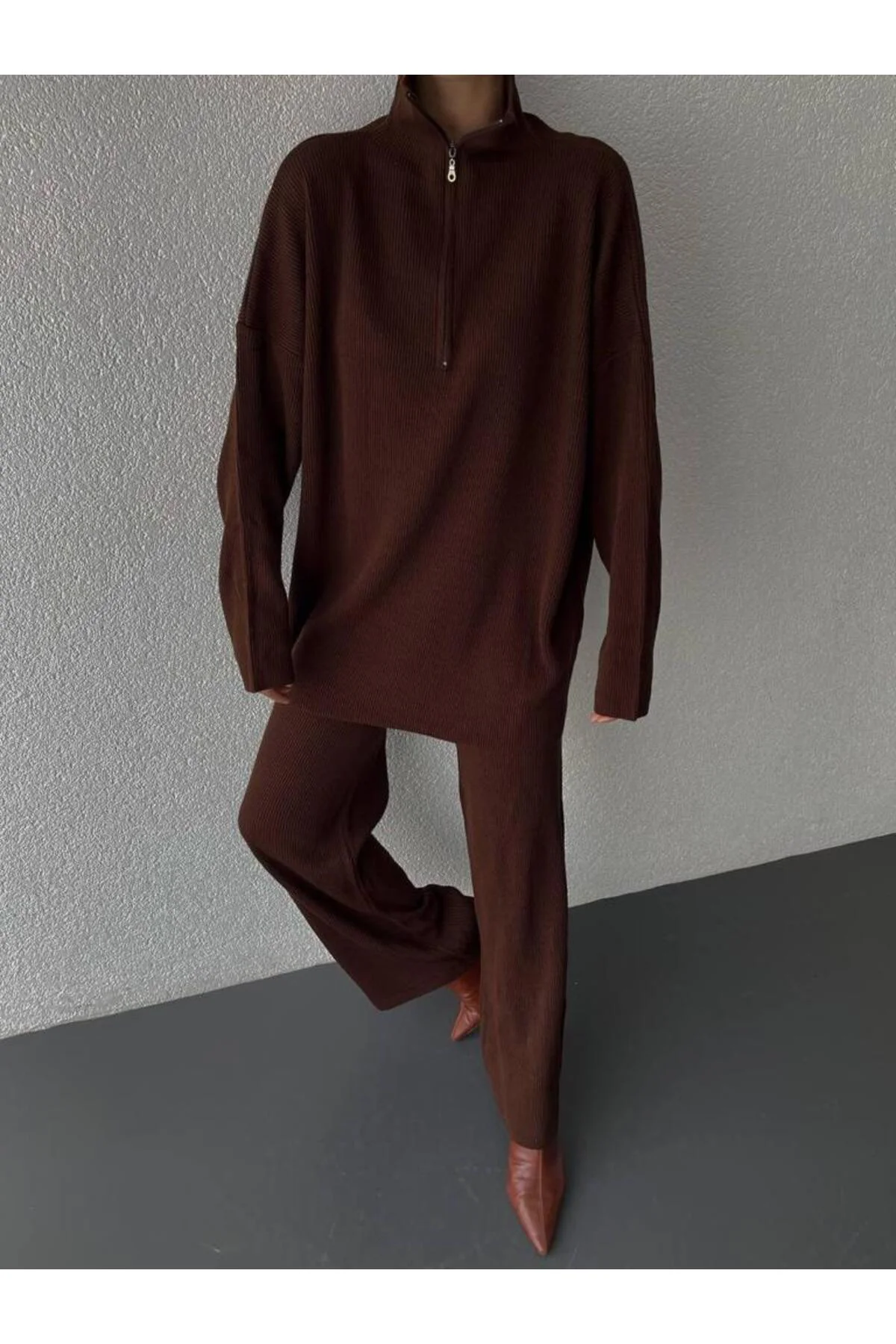 Örgü Detaylı Oversize Kazak Pantolon Triko Alt-üst Takım