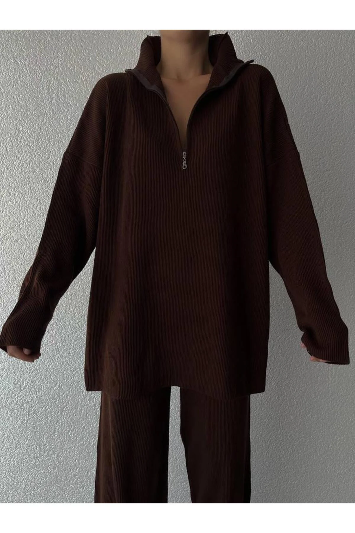 Örgü Detaylı Oversize Kazak Pantolon Triko Alt-üst Takım