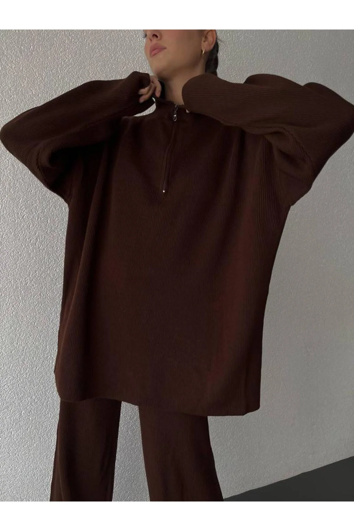 Örgü Detaylı Oversize Kazak Pantolon Triko Alt-üst Takım