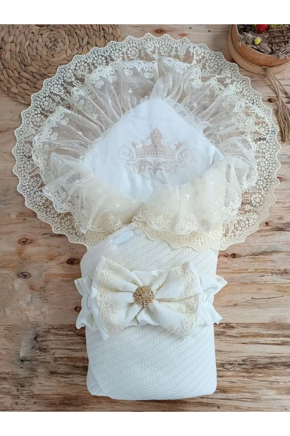 Örgü Tericotton Taç Nakışlı İncili Güpür Çift Fiyonk Papatya Güpü