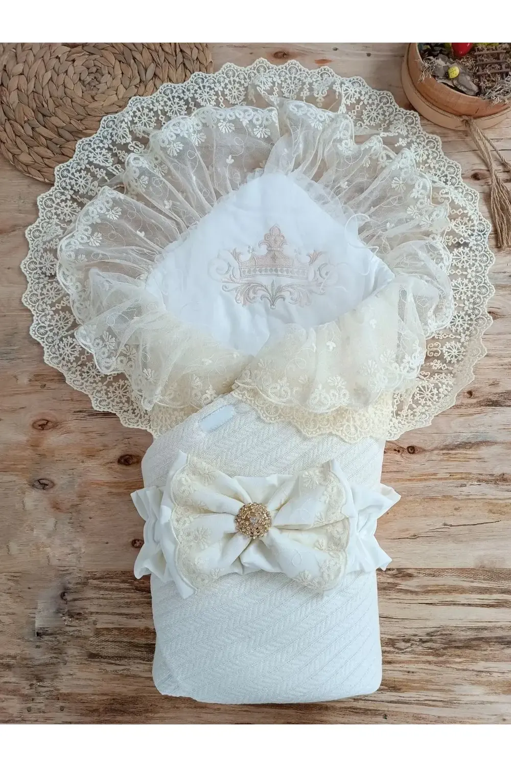 Örgü Tericotton Taç Nakışlı İncili Güpür Çift Fiyonk Papatya Güpü