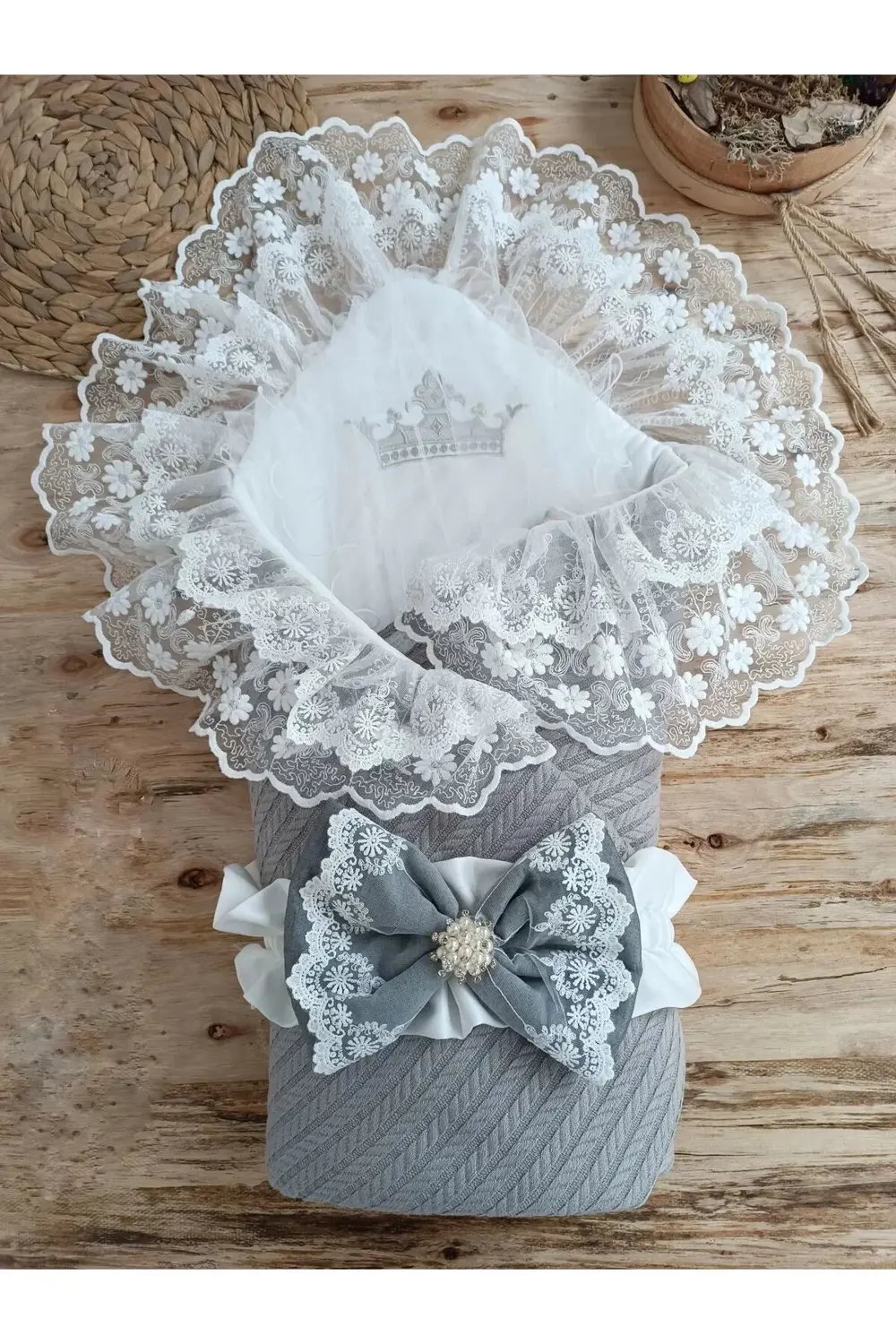 Örgü Tericotton Taç Nakışlı İncili Güpür Çift Fiyonk Papatya Güpü