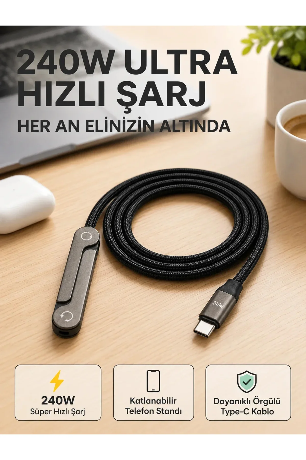 Örgülü 240W Type-C Katlanabilir Telefon Standlı Şarj Kablosu Örgülü 240W Type-C Katlanabilir Telefon Standlı Şarj Kablosu