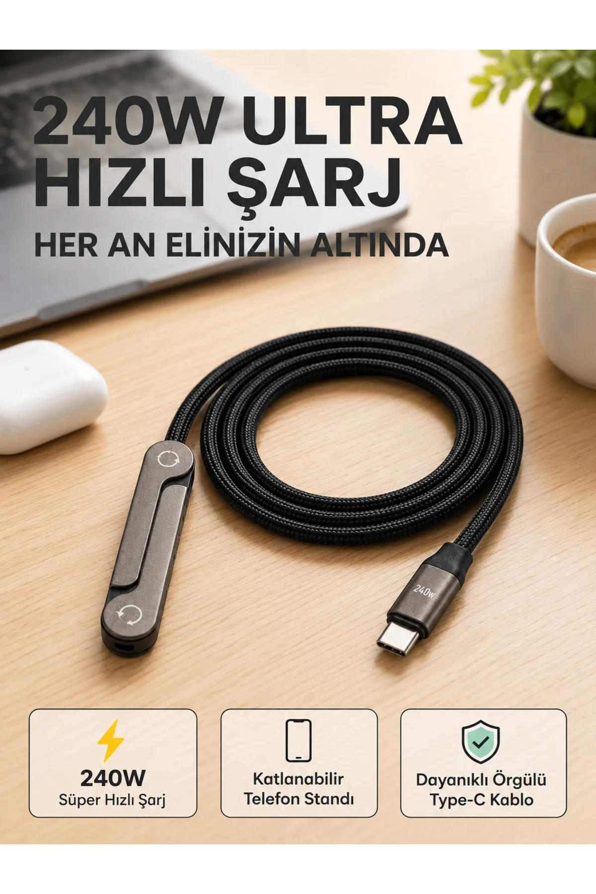 Örgülü 240W Type-C Katlanabilir Telefon Standlı Şarj Kablosu Örgülü 240W Type-C Katlanabilir Telefon Standlı Şarj Kablosu